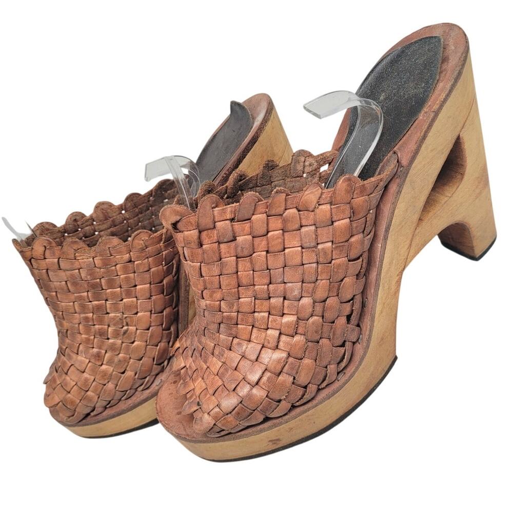 Stuff 1970s Huarache Platform Clogs‎ Boho Woven Leather Festival Wedge Mules